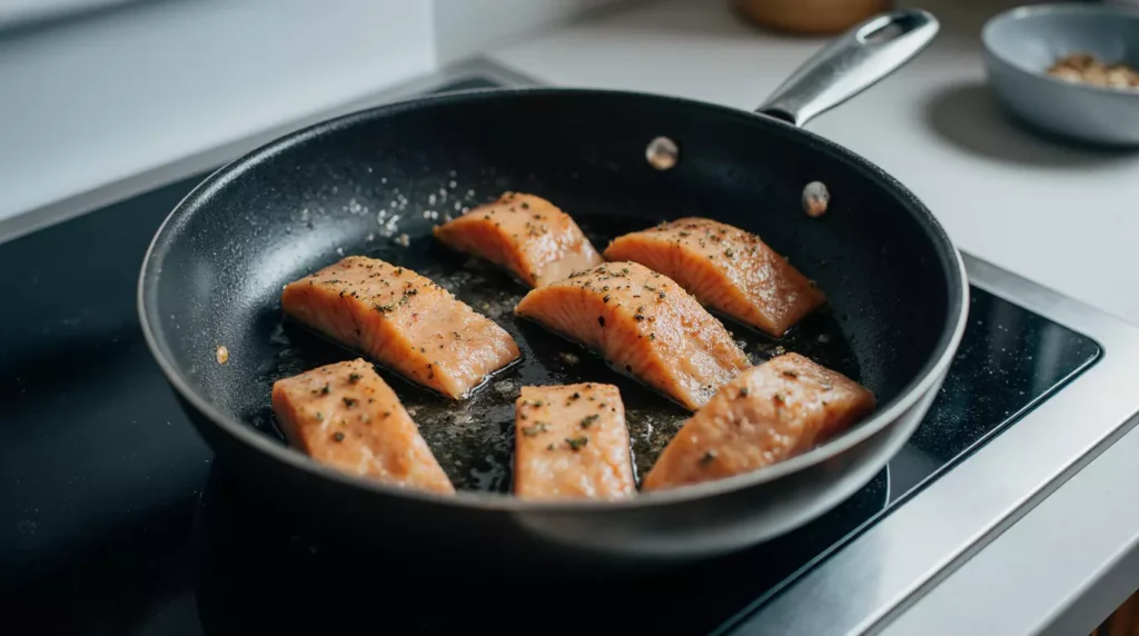Salmon pieces cooking gently in a pan for salmon risotto