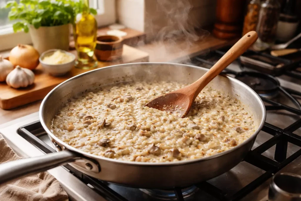 Truffle risotto cooking in a pan on the stove