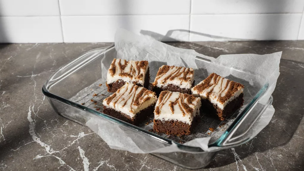 Cream cheese snickerdoodle blondies cooling in a glass baking dish on a kitchen counter