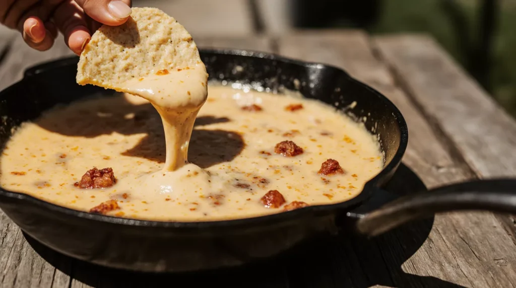 Close up of creamy smoked queso being scooped with a tortilla chip.