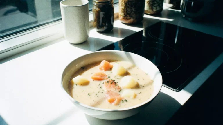 Bowl of creamy smoked salmon chowder on an everyday kitchen counter.