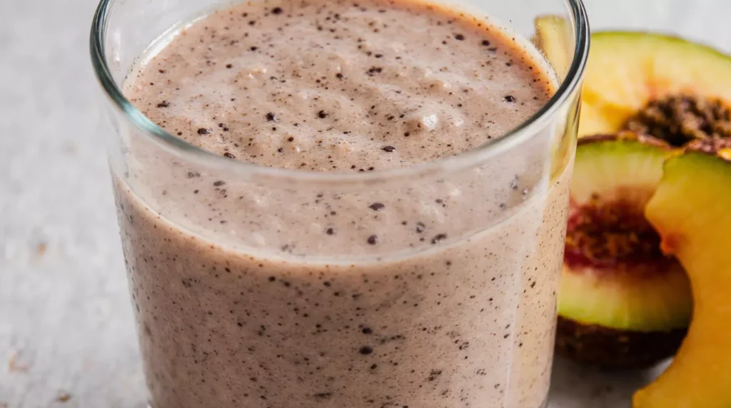 Close up of a creamy tropical protein smoothie texture