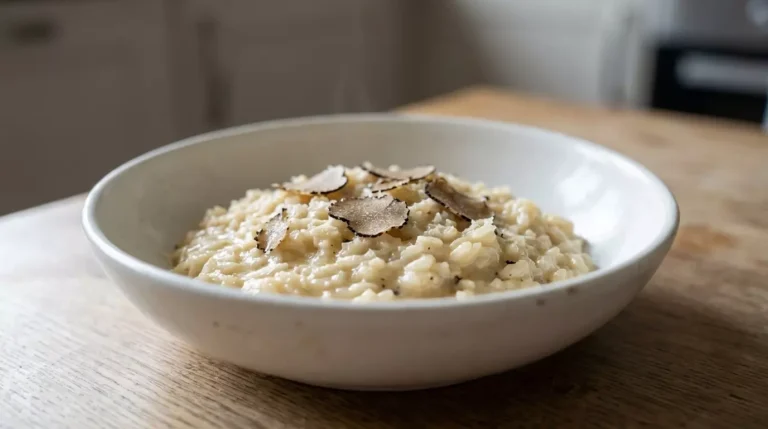 Creamy truffle risotto served in a white bowl with shaved black truffle
