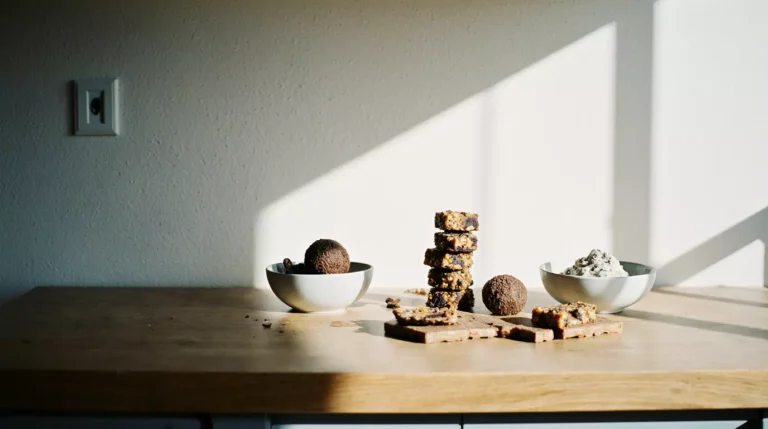 A selection of homemade dairy soy free desserts arranged naturally on a kitchen counter