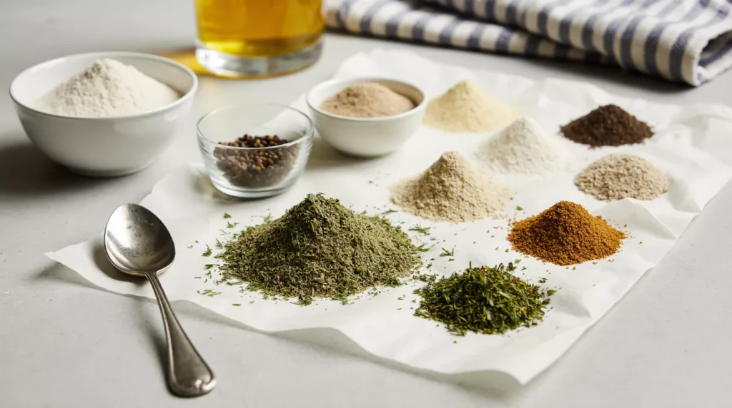 Dried dill, garlic powder, onion powder and spices arranged on a kitchen table before mixing.
