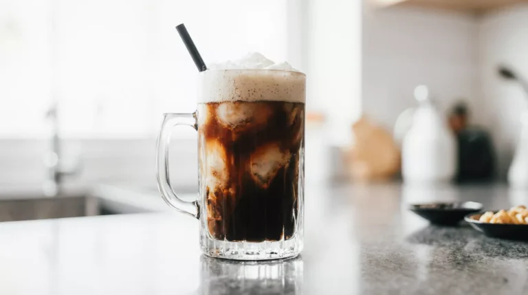 Homemade iced shaken espresso Dunkin style in a clear glass with cold foam in an ordinary kitchen.