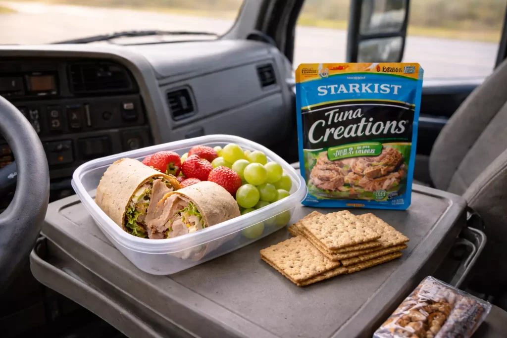 No cook lunch with a protein wrap and tuna pouch inside a truck cab