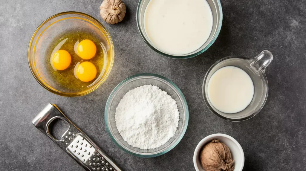Egg yolks milk cream sugar nutmeg prepared for eggnog recipe