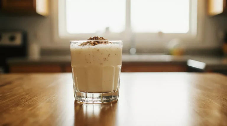 Glass of eggnog Southern Comfort topped with freshly grated nutmeg