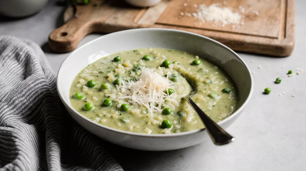 A bowl of green pea risotto served on a simple kitchen table with a fork beside it.