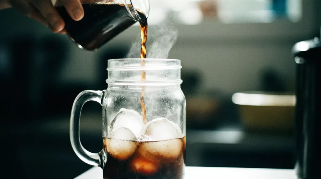 Iced shaken espresso being poured into a glass with cold foam settling on top
