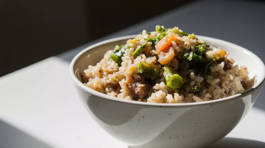 Close up of a lazy meal prep bowl with rice, vegetables, and protein mixed together