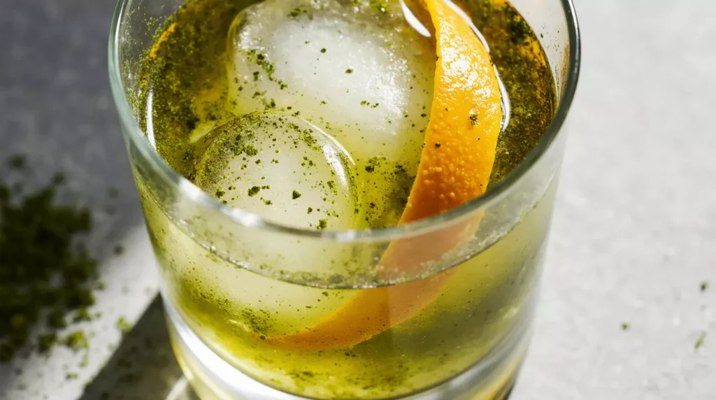Close up of a Matcha Old Fashioned cocktail