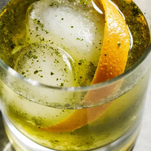 Close up of a Matcha Old Fashioned cocktail
