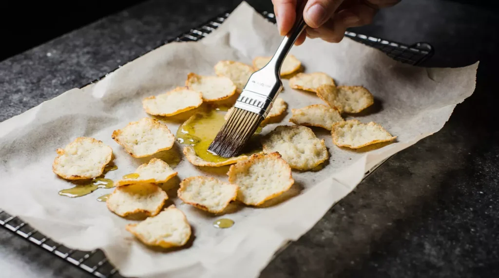 Truffle oil being lightly added to baked Parmesan chips