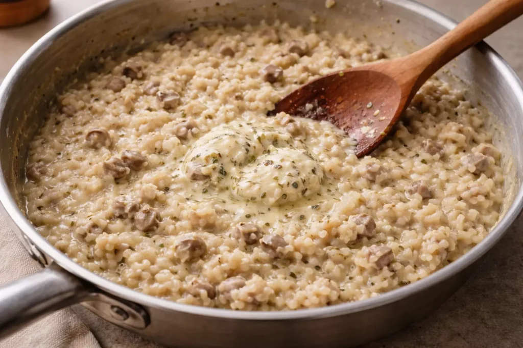 Truffle butter melting into risotto off the heat