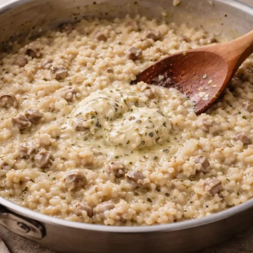 Truffle butter melting into risotto off the heat