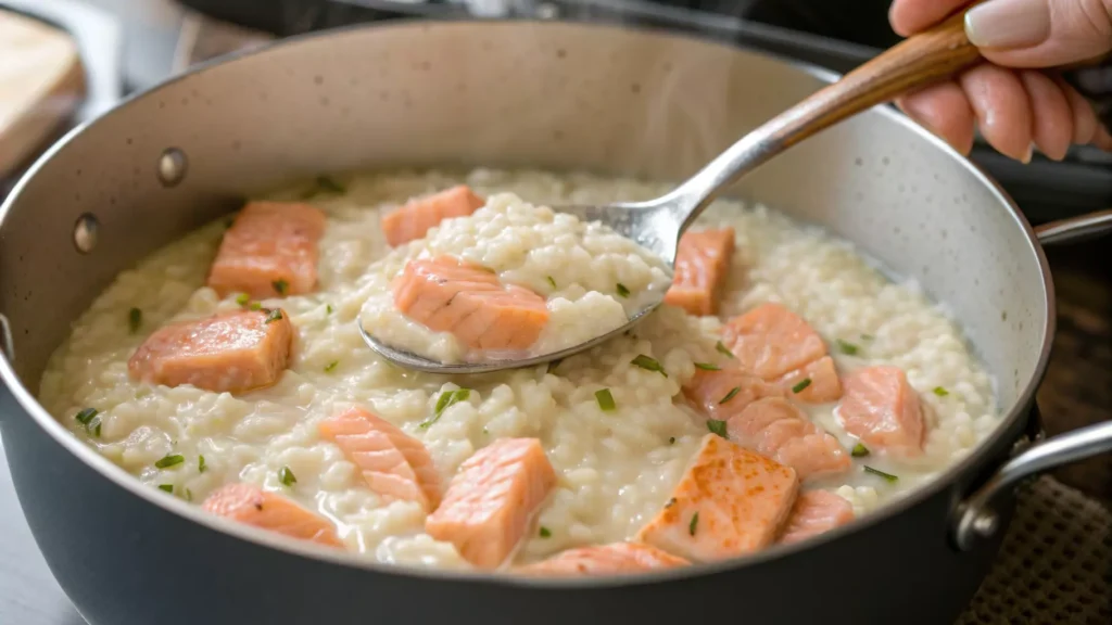 Salmon being folded into risotto off the heat