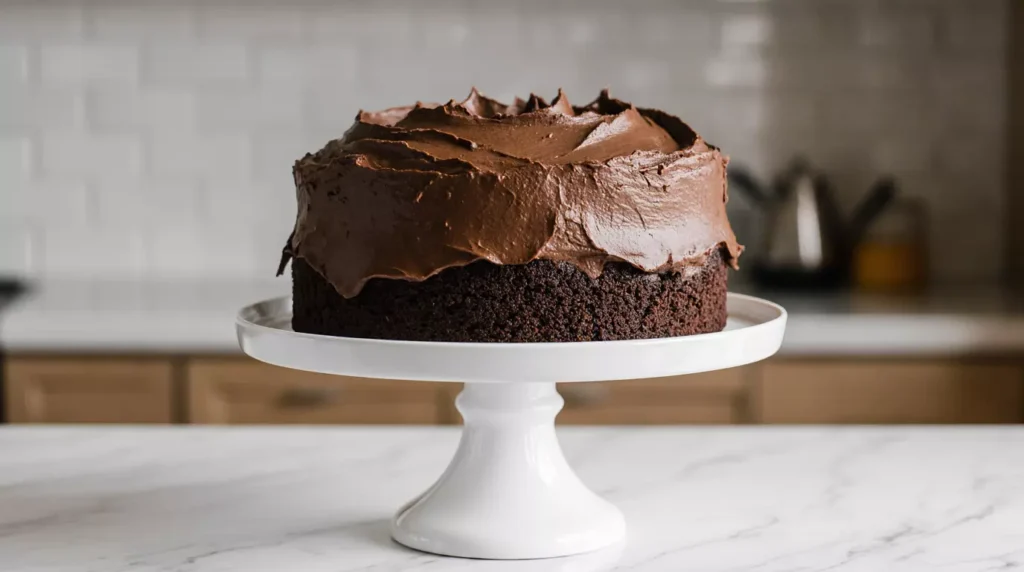 Frosted Skor bar chocolate cake resting on kitchen counter