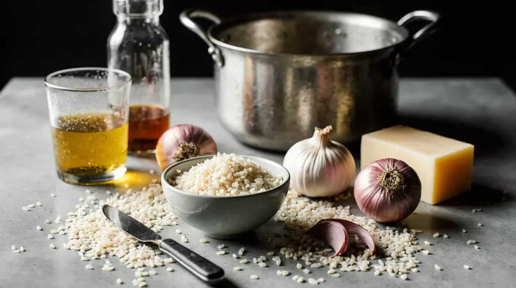 Arborio rice, broth, butter and cheese prepared for gluten free risotto.