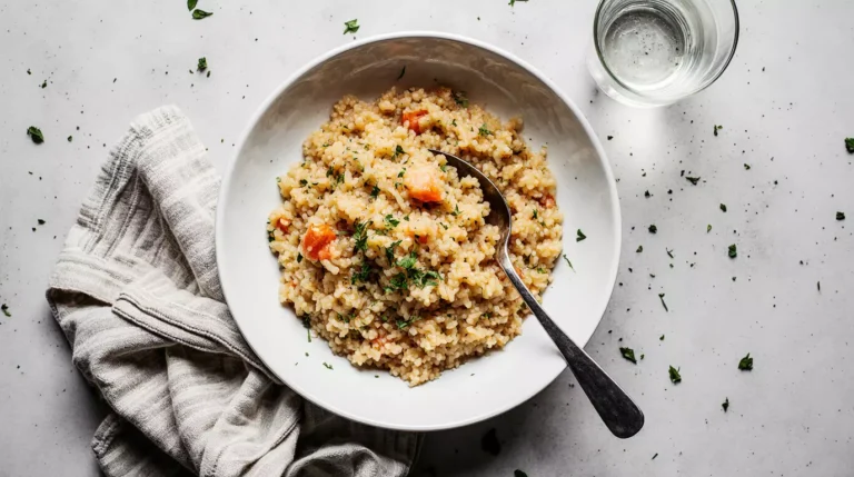 Bowl of gluten free risotto ready to eat on a kitchen table.