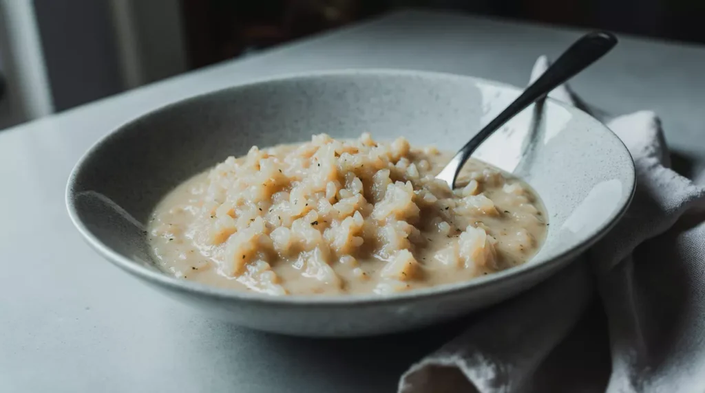 Creamy gluten free risotto made with Arborio rice served in a bowl.