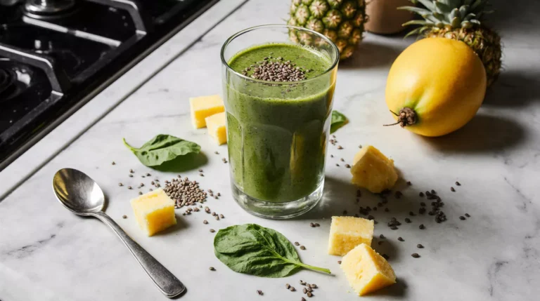 Bright green detox smoothie in a clear glass on an ordinary kitchen counter with fresh fruit and greens around it.