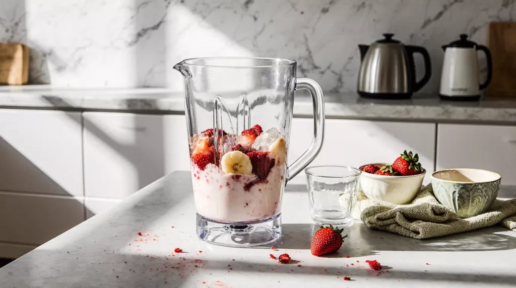 Blender pitcher filled with strawberries, banana and milk for a Hailey Bieber smoothie.