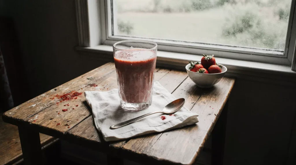 Strawberry smoothie inspired by Hailey Bieber served on a kitchen table.