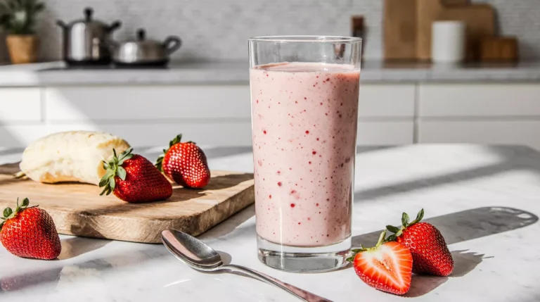 Creamy strawberry smoothie inspired by the Hailey Bieber smoothie recipe served in a clear glass.