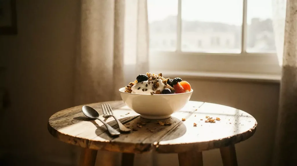 High protein breakfast bowl on a kitchen table in morning light
