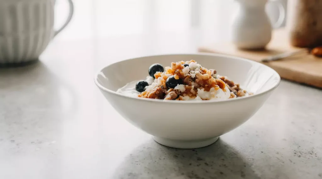 Greek yogurt breakfast bowl with peanut butter, chia seeds, and berries