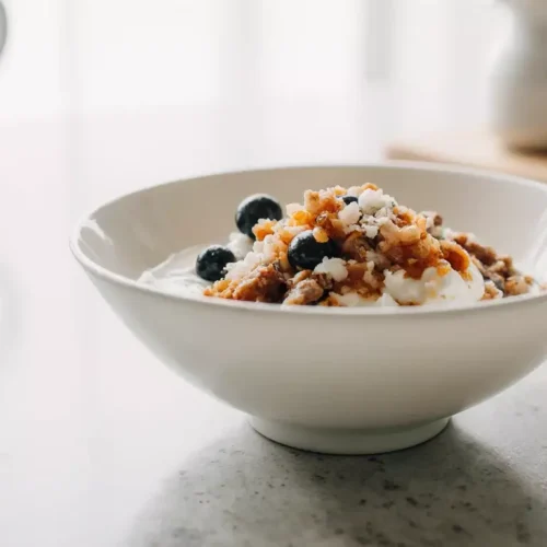 Greek yogurt breakfast bowl with peanut butter, chia seeds, and berries