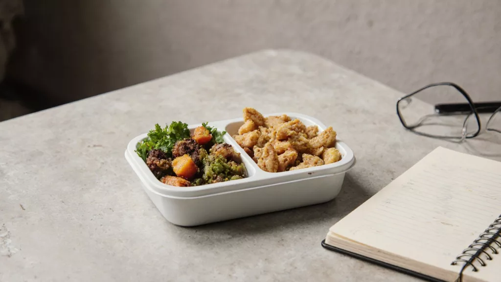 Packed high protein lunch container on a desk