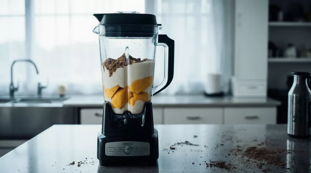 Blender filled with ingredients for a high protein tropical smoothie