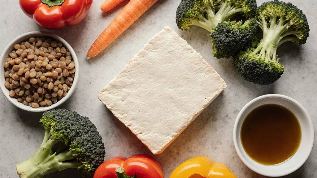 Tofu lentils vegetables and olive oil on a kitchen counter