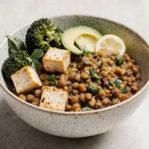 High protein vegan tofu lentil and vegetable bowl