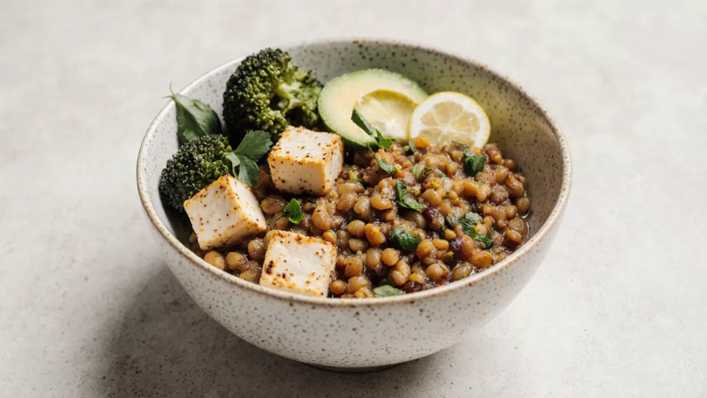 High protein vegan tofu lentil and vegetable bowl