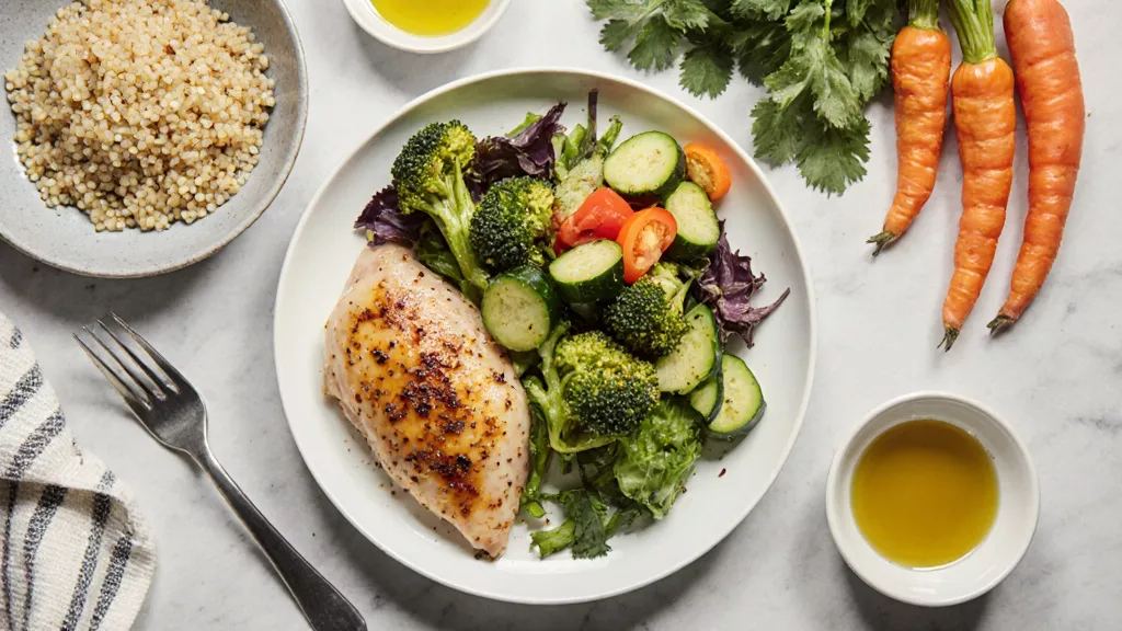 Chicken quinoa vegetables and olive oil on a kitchen counter