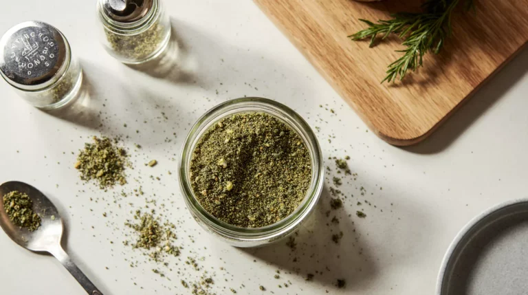 Small glass jar of homemade dill pickle seasoning on an ordinary kitchen counter with natural daylight.