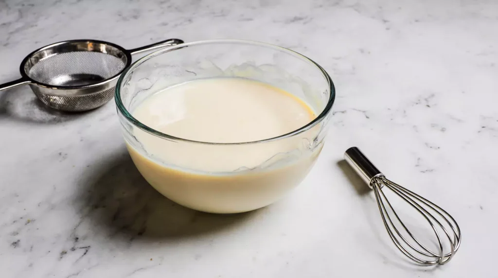 Freshly made eggnog custard cooling in a bowl on kitchen counter