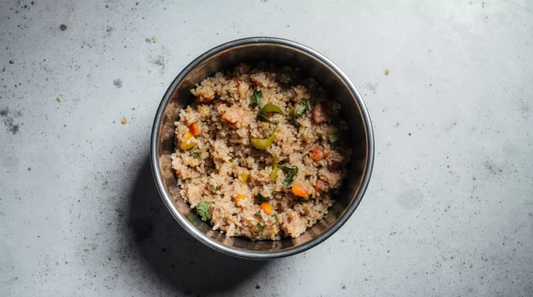 Homemade thermomix dog food served in a bowl with rice, turkey, and vegetables