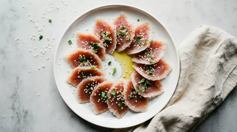 Thinly sliced raw tuna carpaccio with olive oil and light toppings on a white plate