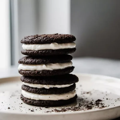 Homemade zero sugar Oreo cookies with vanilla cream filling on a ceramic plate