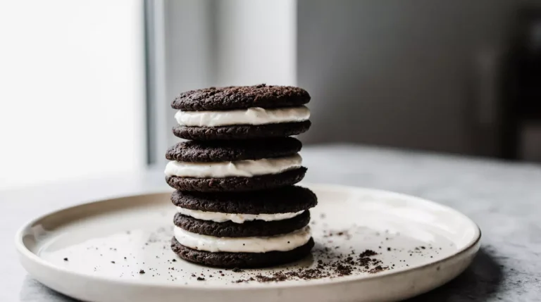 Homemade zero sugar Oreo cookies with vanilla cream filling on a ceramic plate