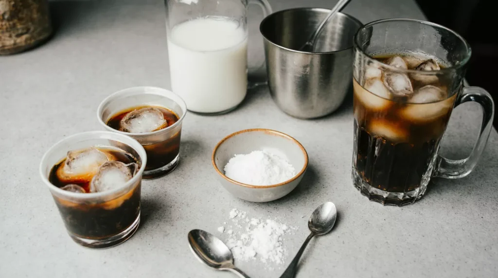 Ingredients for an iced shaken espresso including espresso shots, ice cubes, sugar and cold milk on a kitchen counter.
