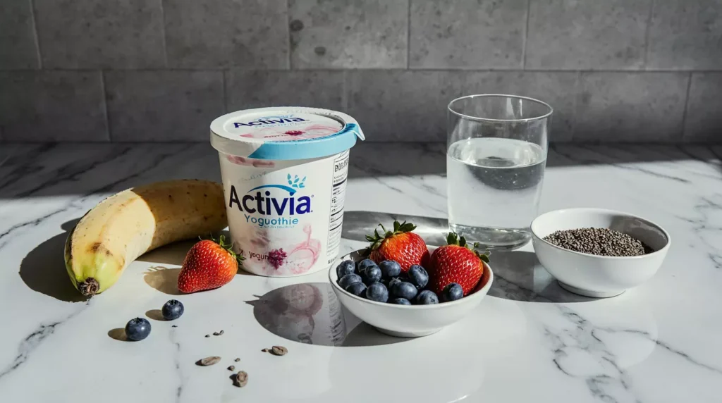 Ingredients for an Activia yogurt smoothie on a kitchen counter
