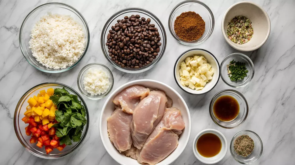 Raw chicken rice beans peppers and spices on kitchen counter