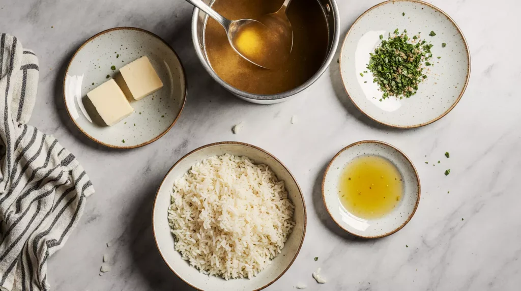 Arborio rice and cheese risotto ingredients on a kitchen counter