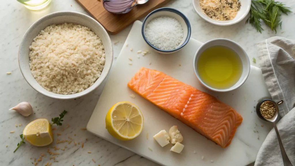 Ingredients for salmon risotto arranged on a kitchen counter